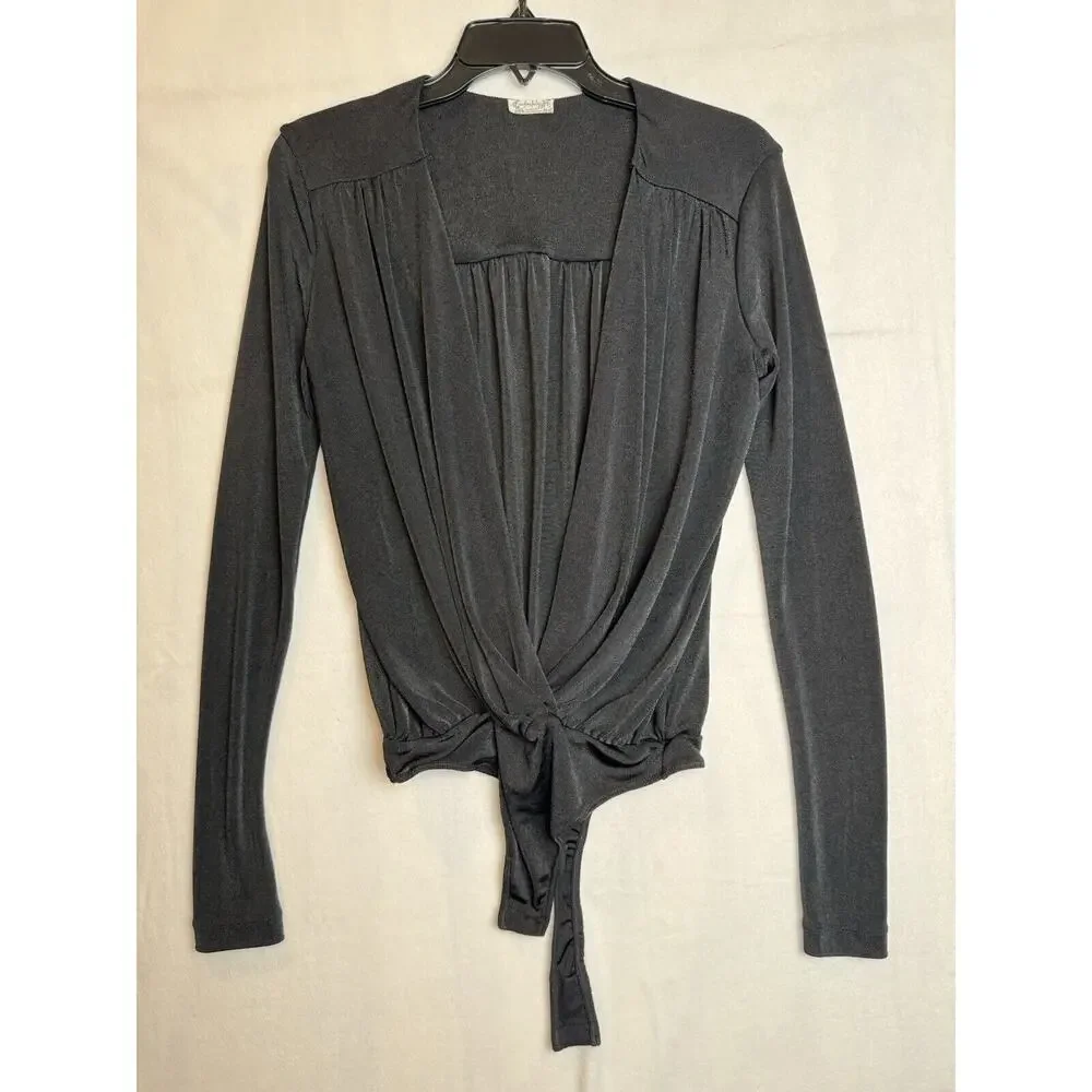 Free People‎ Intimately Turnt Bodysuit Womens S Black Surplice Long Sleeve Thong